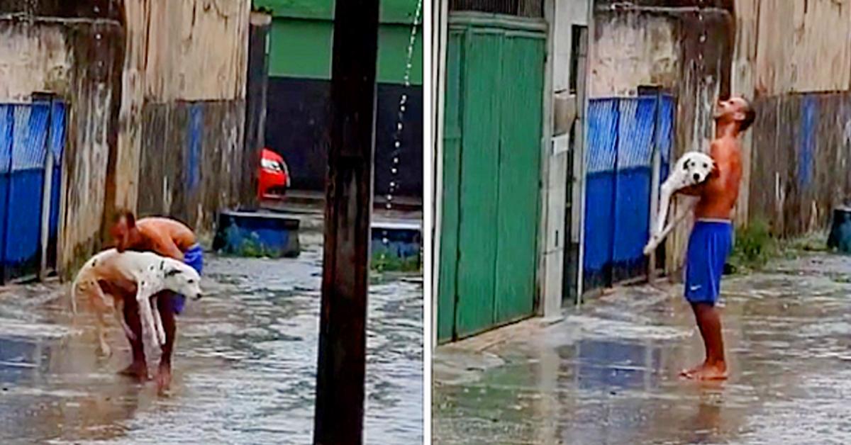 Man Holds His Paraplegic Dog In His Arms To Enjoy The Rain